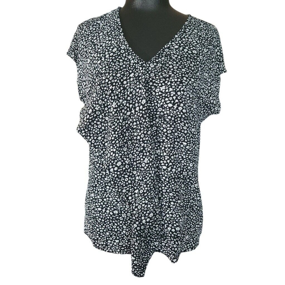 Michael Kors Black White Floral V-Neck Short Sleeve Blouse Size Medium